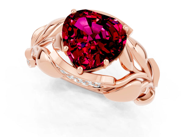 Rose gold Heart Cut Garnet Leaf-Inspired Engagement Ring with Round Accents and Prong Setting