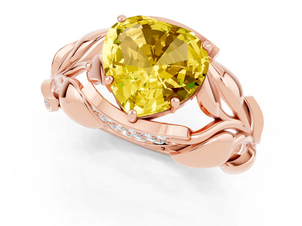 Rose gold Heart Cut Yellow Sapphire Leaf-Inspired Engagement Ring with Round Accents and Prong Setting