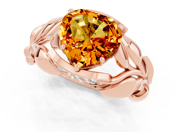 Rose gold Heart Cut Citrine Leaf-Inspired Engagement Ring with Round Accents and Prong Setting