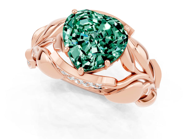 Rose gold Heart Cut Green Sapphire Leaf-Inspired Engagement Ring with Round Accents and Prong Setting