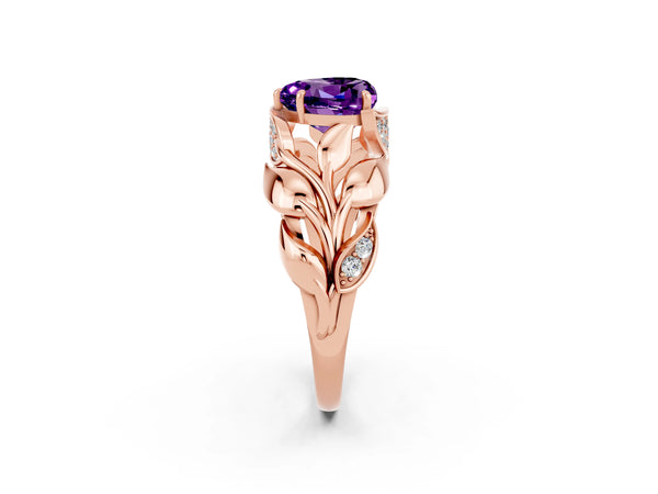 Rose gold Heart Cut Amethyst Leaf-Inspired Engagement Ring with Round Accents and Prong Setting