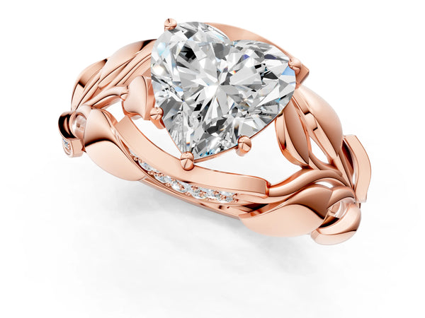 Rose Gold Heart-Shaped Leaf Bypass Engagement Ring Setting with Pave Leaf Panels