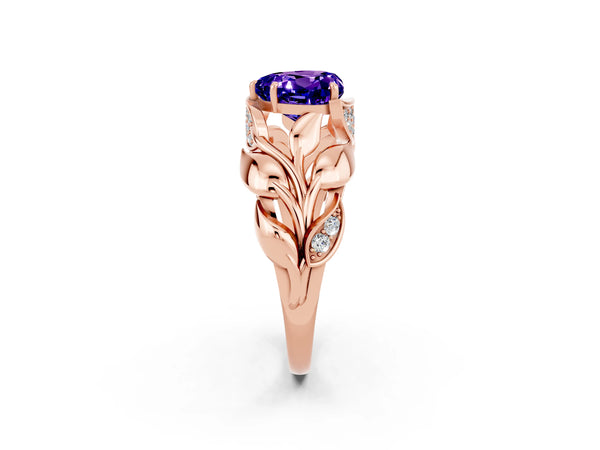 Rose gold Heart Cut Tanzanite Leaf-Inspired Engagement Ring with Round Accents and Prong Setting