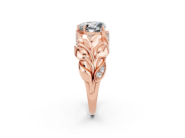Rose gold Heart Cut Moissanite Leaf-Inspired Engagement Ring with Round Accents and Prong Setting