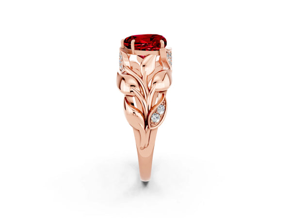 Rose gold Heart Cut Ruby Leaf-Inspired Engagement Ring with Round Accents and Prong Setting