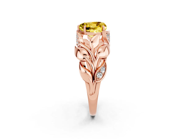 Rose gold Heart Cut Yellow Sapphire Leaf-Inspired Engagement Ring with Round Accents and Prong Setting