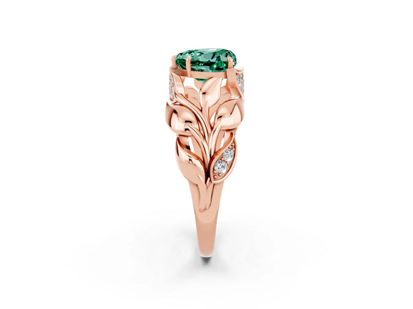 Rose gold Heart Cut Green Sapphire Leaf-Inspired Engagement Ring with Round Accents and Prong Setting