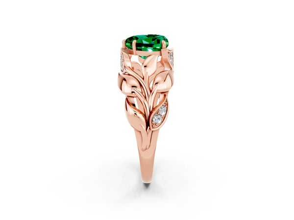 Rose gold Heart Cut Emerald Leaf-Inspired Engagement Ring with Round Accents and Prong Setting