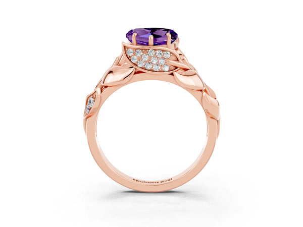 Rose gold Heart Cut Amethyst Leaf-Inspired Engagement Ring with Round Accents and Prong Setting
