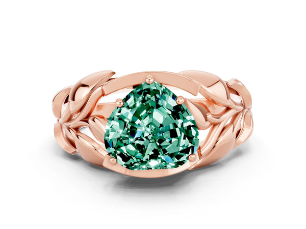 Rose gold Heart Cut Green Sapphire Leaf-Inspired Engagement Ring with Round Accents and Prong Setting