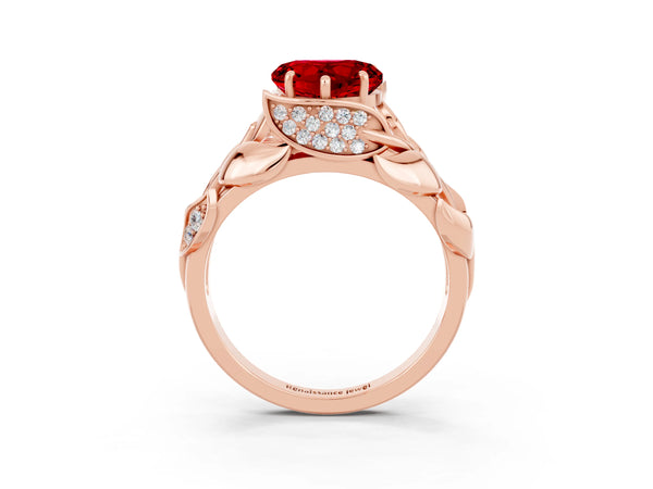 Rose gold Heart Cut Ruby Leaf-Inspired Engagement Ring with Round Accents and Prong Setting