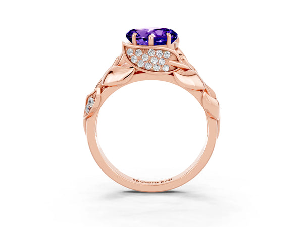 Rose gold Heart Cut Tanzanite Leaf-Inspired Engagement Ring with Round Accents and Prong Setting