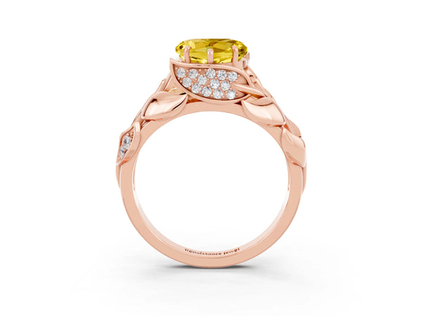 Rose gold Heart Cut Yellow Sapphire Leaf-Inspired Engagement Ring with Round Accents and Prong Setting