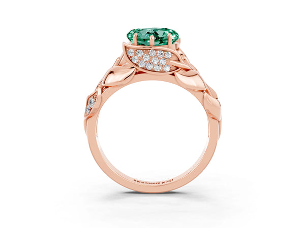 Rose gold Heart Cut Green Sapphire Leaf-Inspired Engagement Ring with Round Accents and Prong Setting