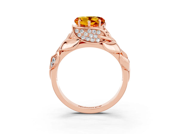 Rose gold Heart Cut Citrine Leaf-Inspired Engagement Ring with Round Accents and Prong Setting