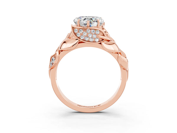Rose gold Heart Cut Moissanite Leaf-Inspired Engagement Ring with Round Accents and Prong Setting