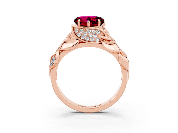 Rose gold Heart Cut Garnet Leaf-Inspired Engagement Ring with Round Accents and Prong Setting