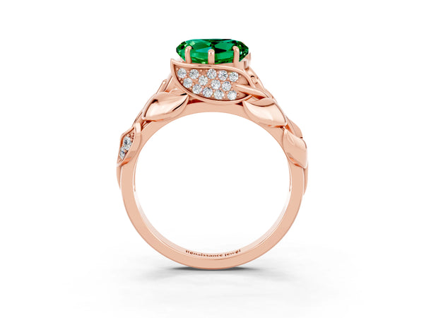 Rose gold Heart Cut Emerald Leaf-Inspired Engagement Ring with Round Accents and Prong Setting