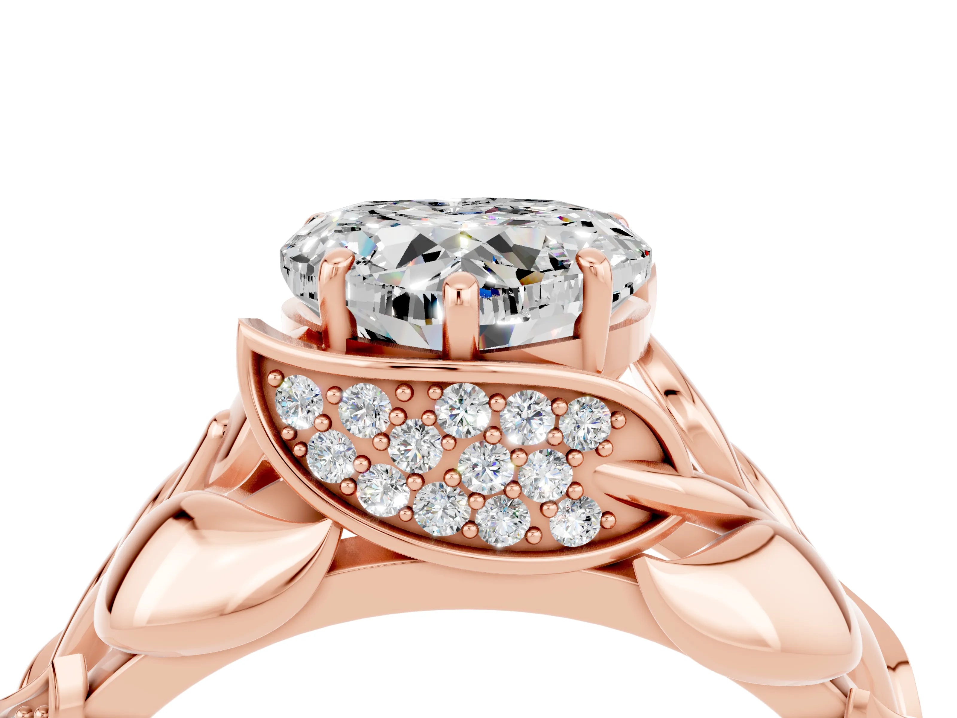 Rose gold Heart Cut Solitaire Leaf-Inspired Engagement Ring with Prong Setting_4