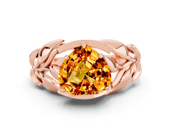 Rose gold Heart Cut Citrine Leaf-Inspired Engagement Ring with Round Accents and Prong Setting