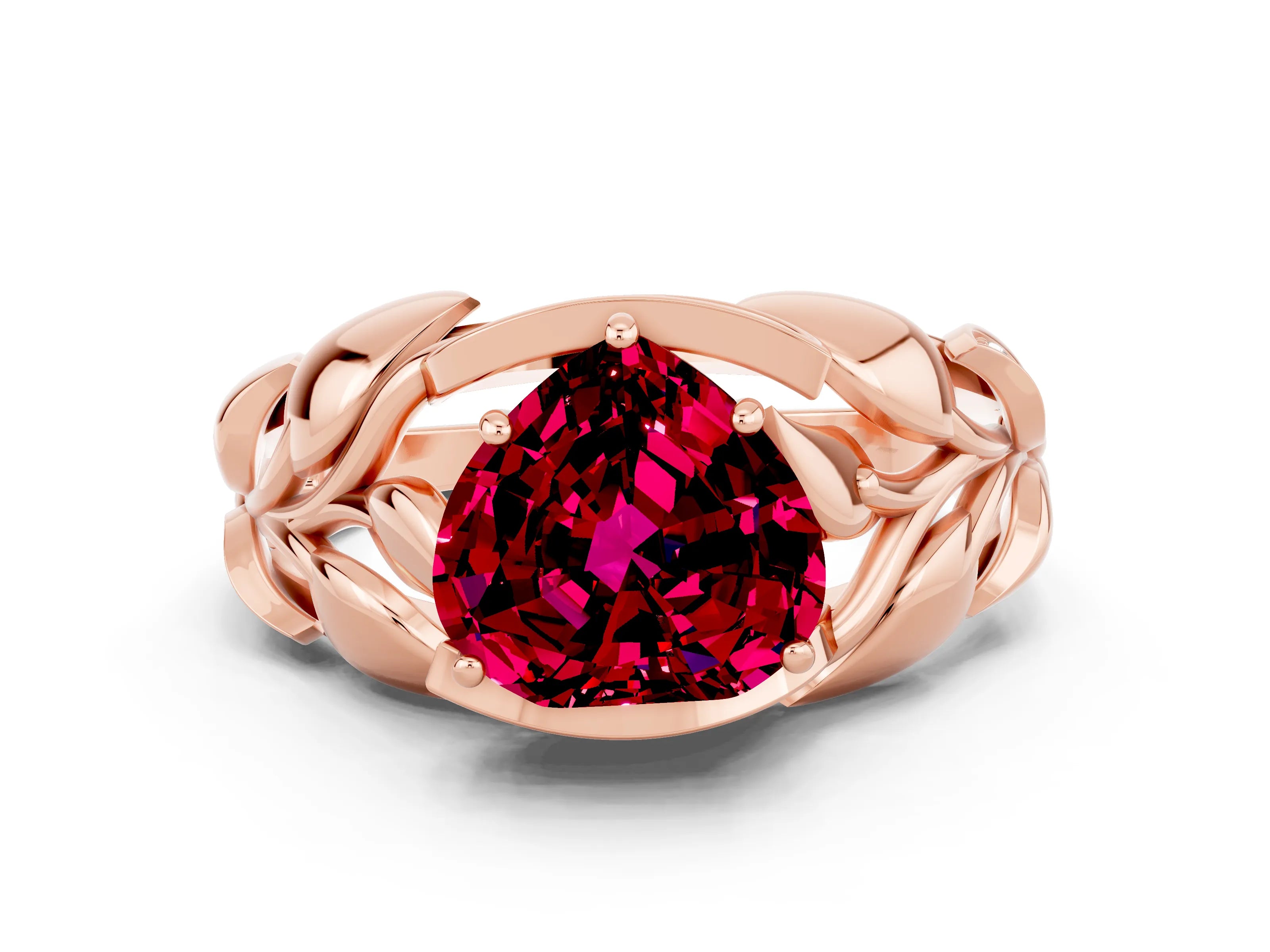 Rose gold Heart Cut Solitaire Leaf-Inspired Engagement Ring with Prong Setting