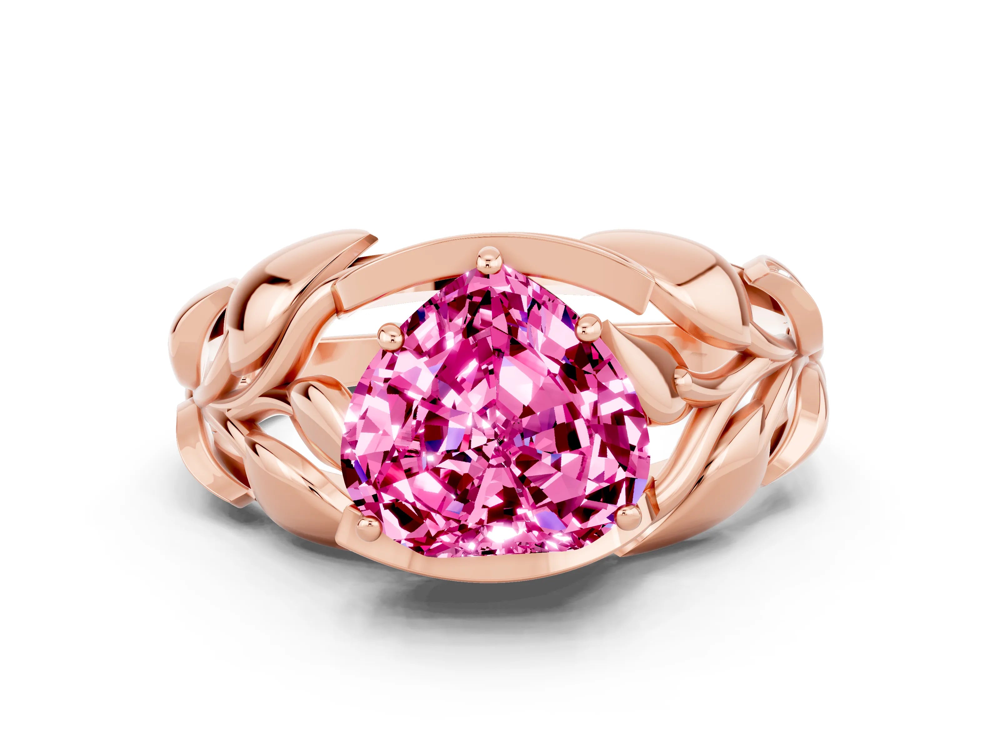 Rose gold Heart Cut Solitaire Leaf-Inspired Engagement Ring with Prong Setting