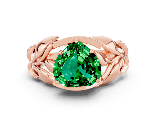 Rose gold Heart Cut Emerald Leaf-Inspired Engagement Ring with Round Accents and Prong Setting