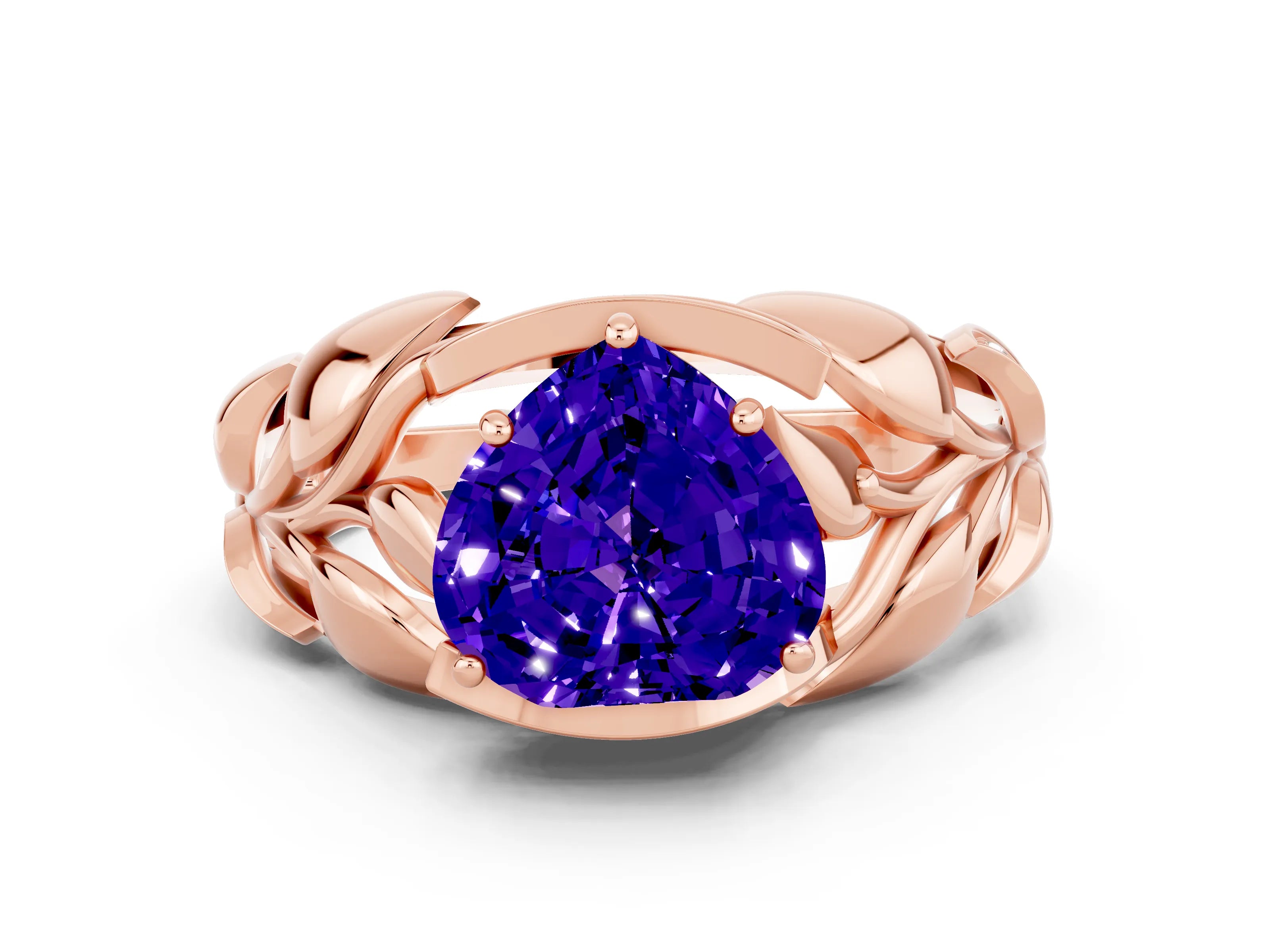 Rose gold Heart Cut Solitaire Leaf-Inspired Engagement Ring with Prong Setting