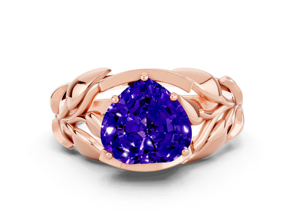 Rose gold Heart Cut Tanzanite Leaf-Inspired Engagement Ring with Round Accents and Prong Setting