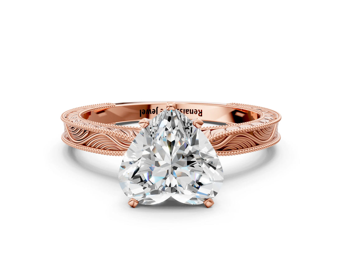 Rose gold Heart Cut Solitaire Milgrain Engraved Band with Four-Prong Setting_4