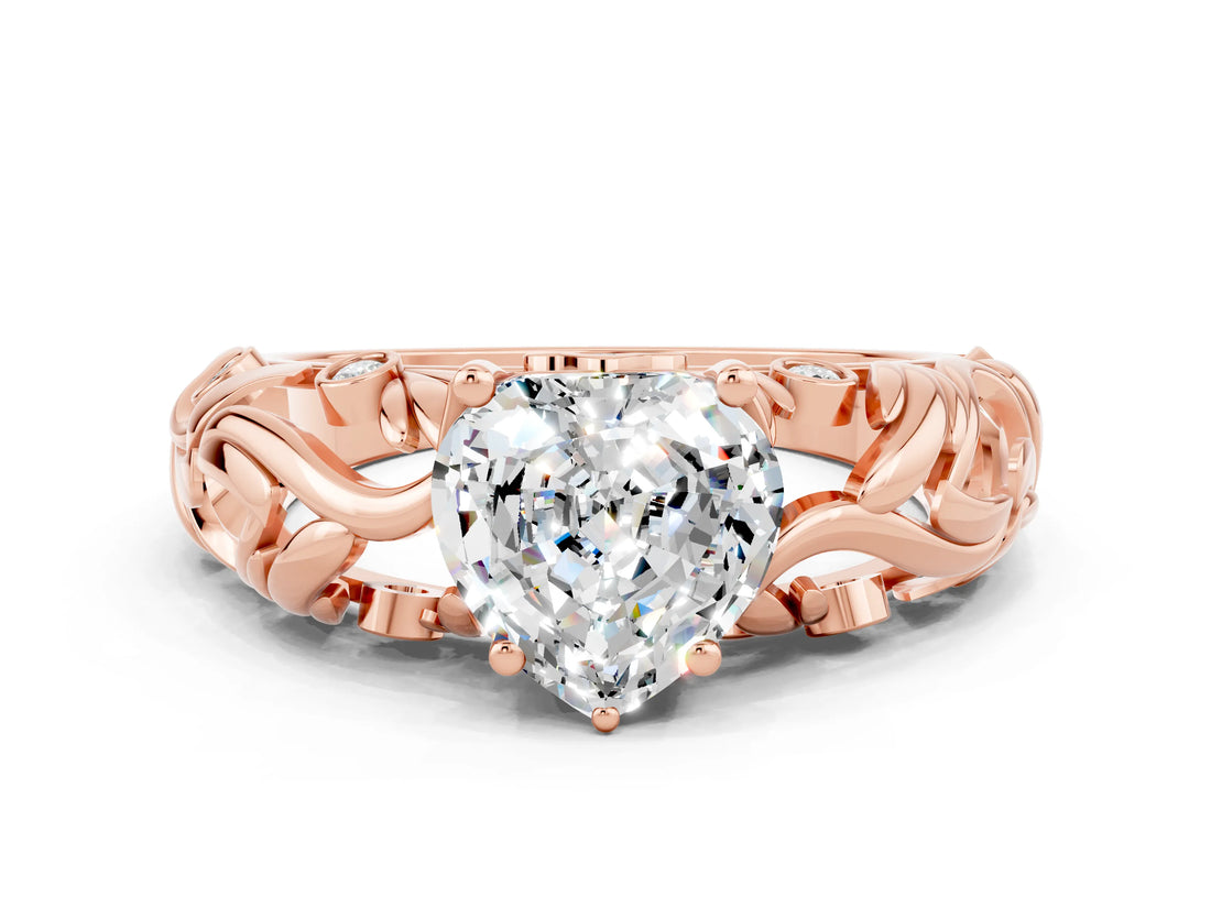 Rose gold Heart Cut Solitaire Moissanite Leaf-Inspired Vine Band Ring with Prong Setting
