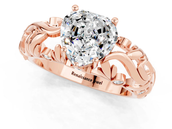 Rose gold Heart Cut Solitaire Moissanite Leaf-Inspired Vine Band Ring with Prong Setting