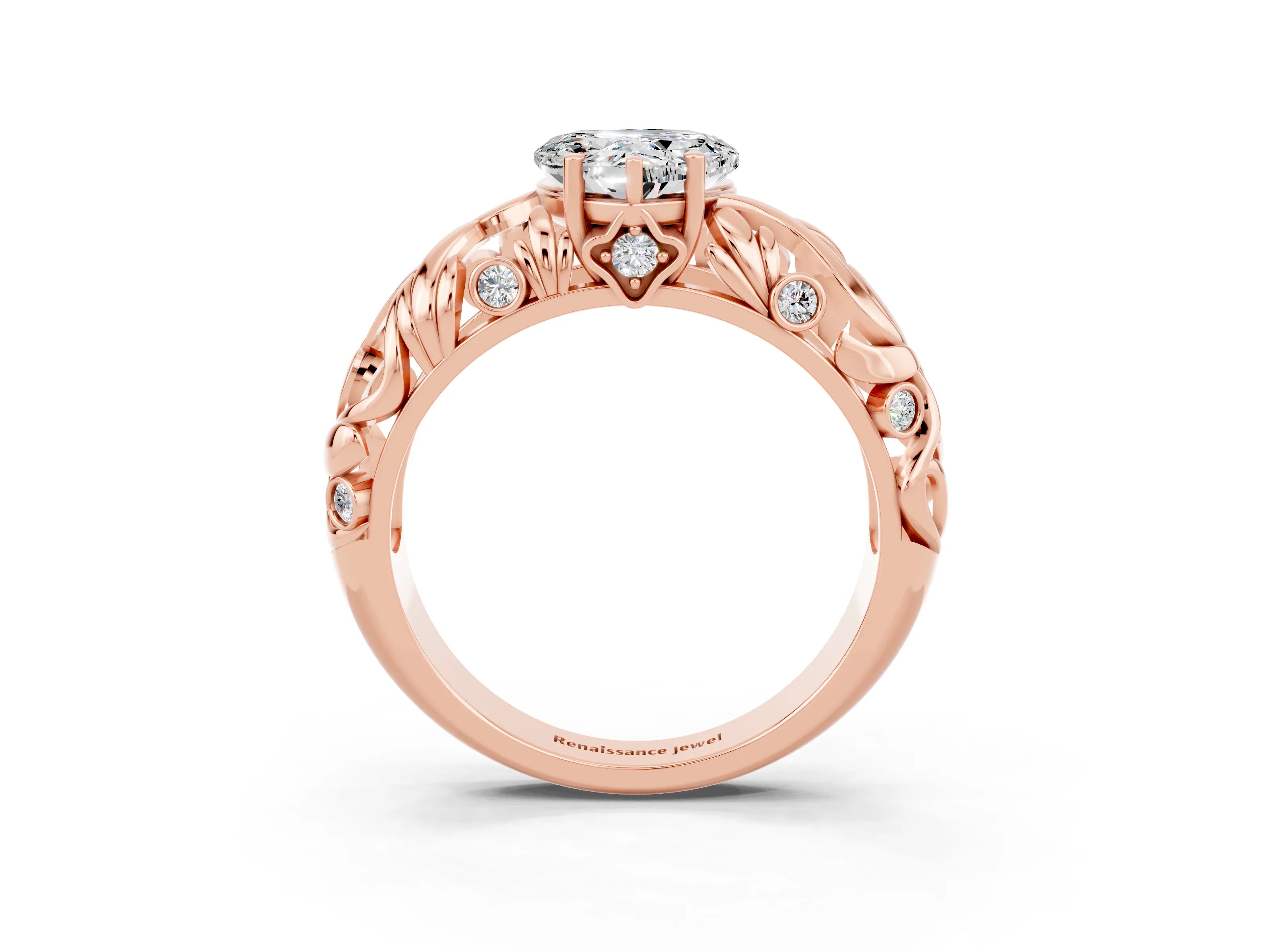 Rose gold Heart Cut Solitaire Moissanite Leaf-Inspired Vine Band Ring with Prong Setting_3