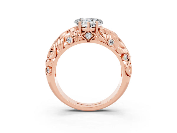 Rose gold Heart Cut Solitaire Moissanite Leaf-Inspired Vine Band Ring with Prong Setting