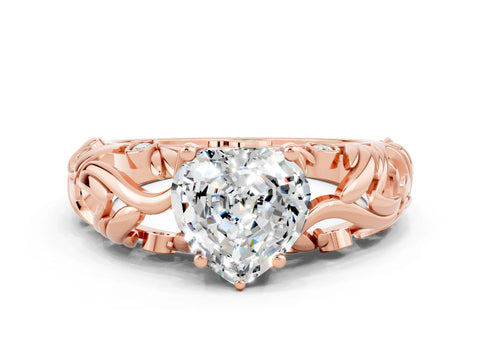 Rose gold Heart Cut Solitaire Moissanite Leaf-Inspired Vine Band Ring with Prong Setting
