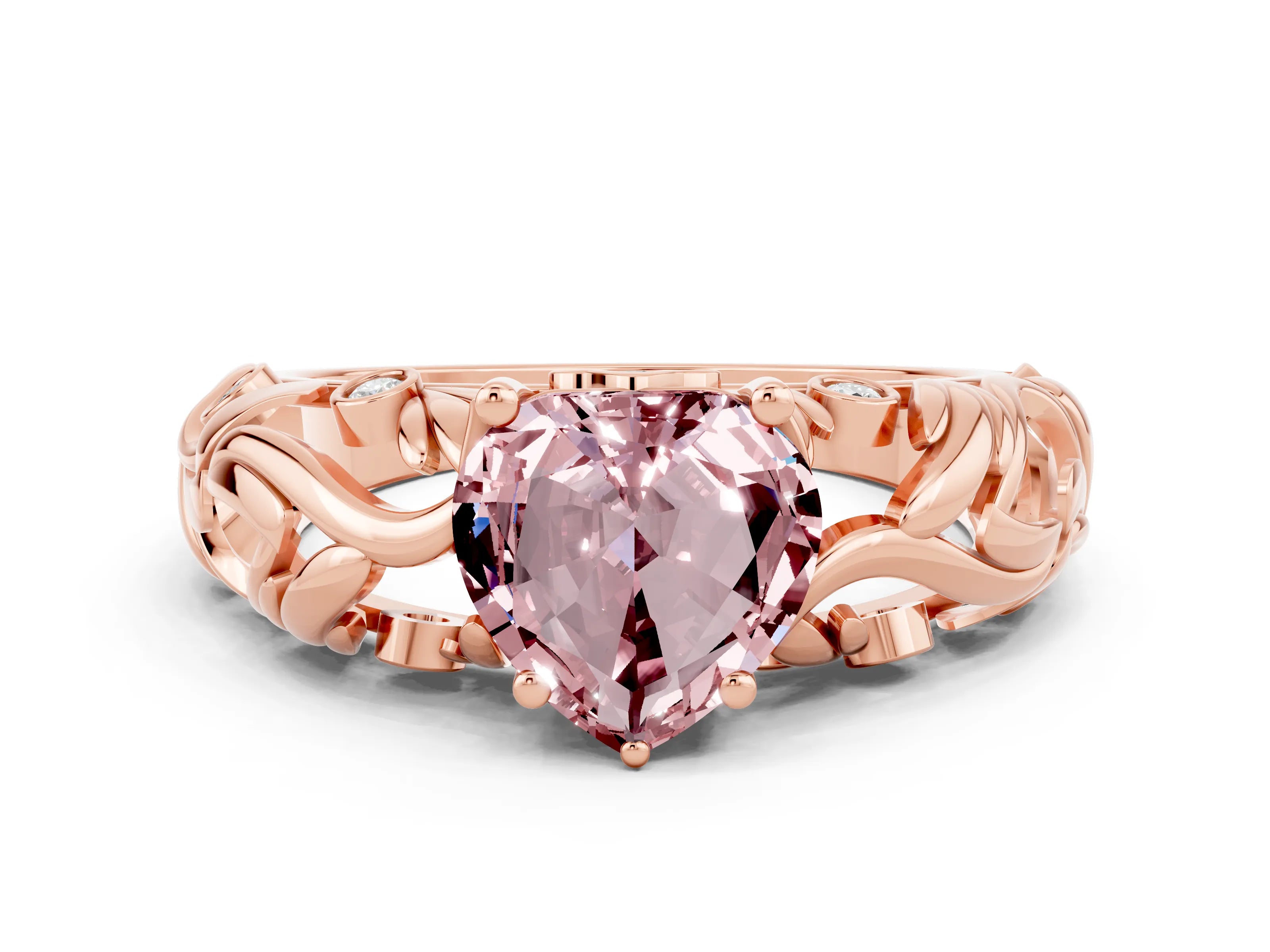 Rose gold Heart Cut Solitaire Morganite Leaf-Inspired Vine Band Ring with Prong Setting