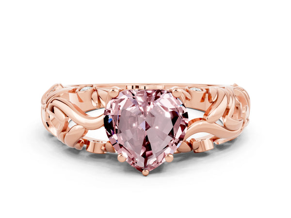 Rose gold Heart Cut Solitaire Morganite Leaf-Inspired Vine Band Ring with Prong Setting