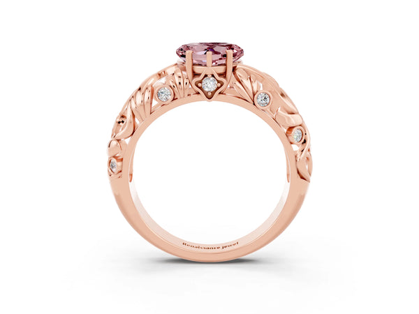 Rose gold Heart Cut Solitaire Morganite Leaf-Inspired Vine Band Ring with Prong Setting