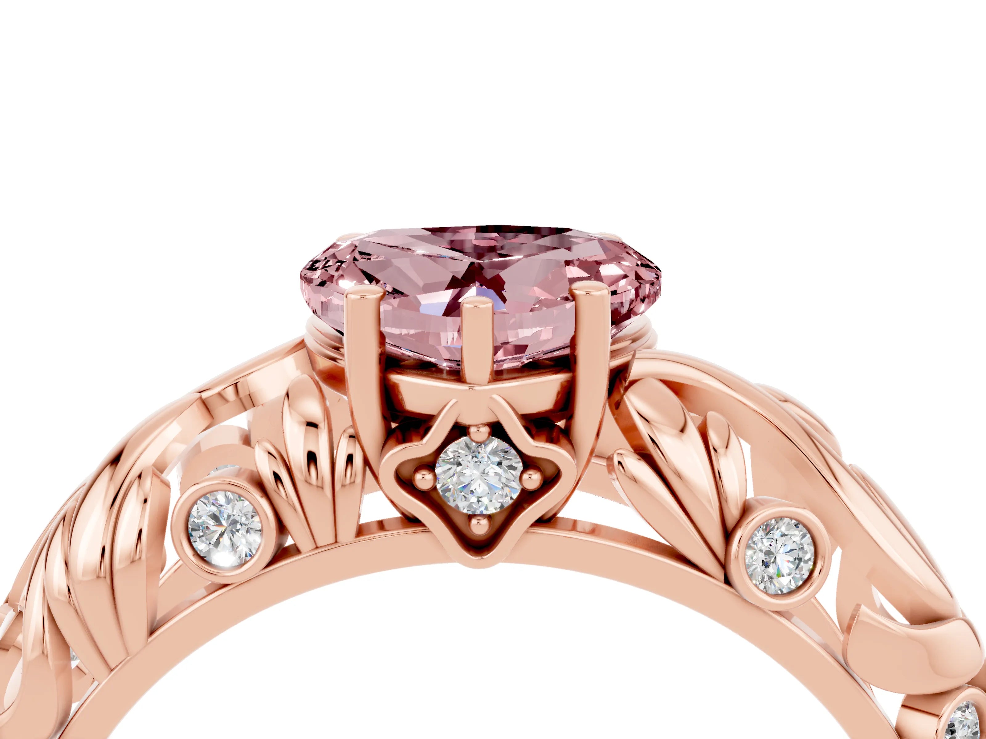 Rose gold Heart Cut Solitaire Morganite Leaf-Inspired Vine Band Ring with Prong Setting_4