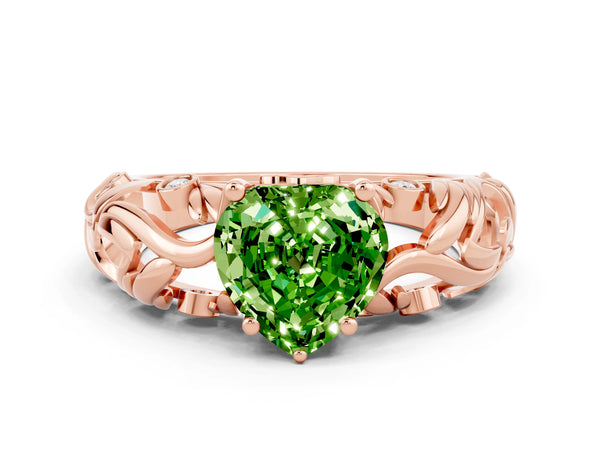 Rose gold Heart Cut Solitaire Peridot Leaf-Inspired Vine Band Ring with Prong Setting