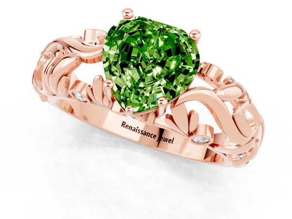 Rose gold Heart Cut Solitaire Peridot Leaf-Inspired Vine Band Ring with Prong Setting