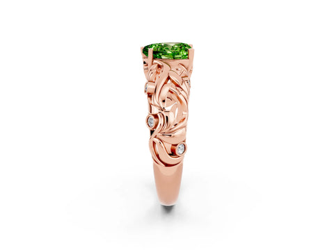 Rose gold Heart Cut Solitaire Peridot Leaf-Inspired Vine Band Ring with Prong Setting_2