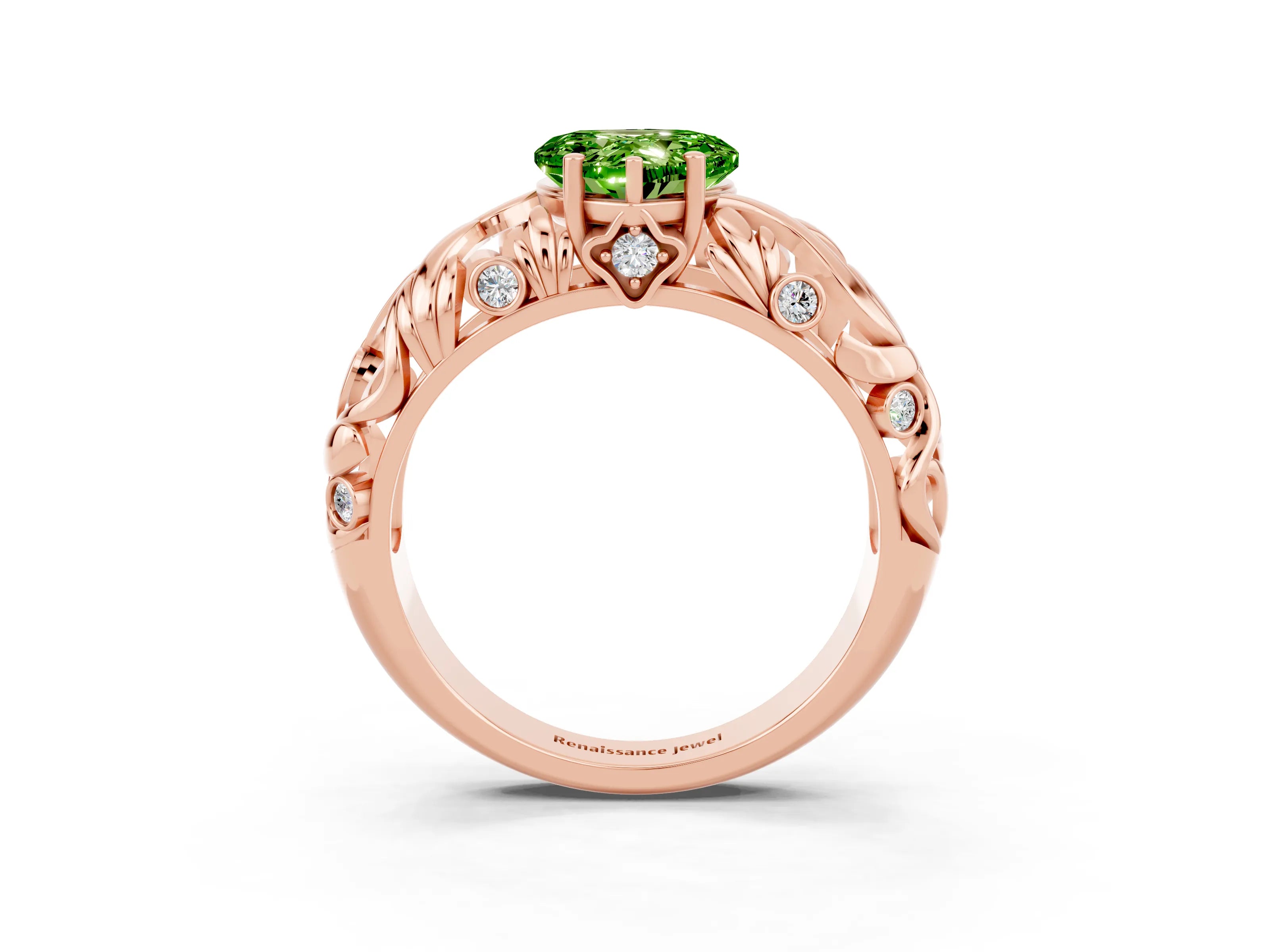 Rose gold Heart Cut Solitaire Peridot Leaf-Inspired Vine Band Ring with Prong Setting_3