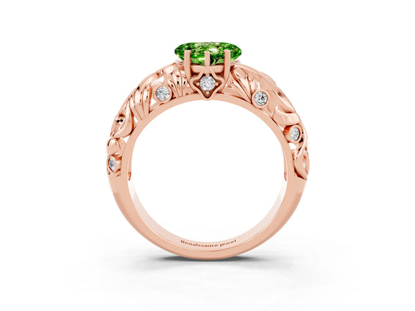 Rose gold Heart Cut Solitaire Peridot Leaf-Inspired Vine Band Ring with Prong Setting