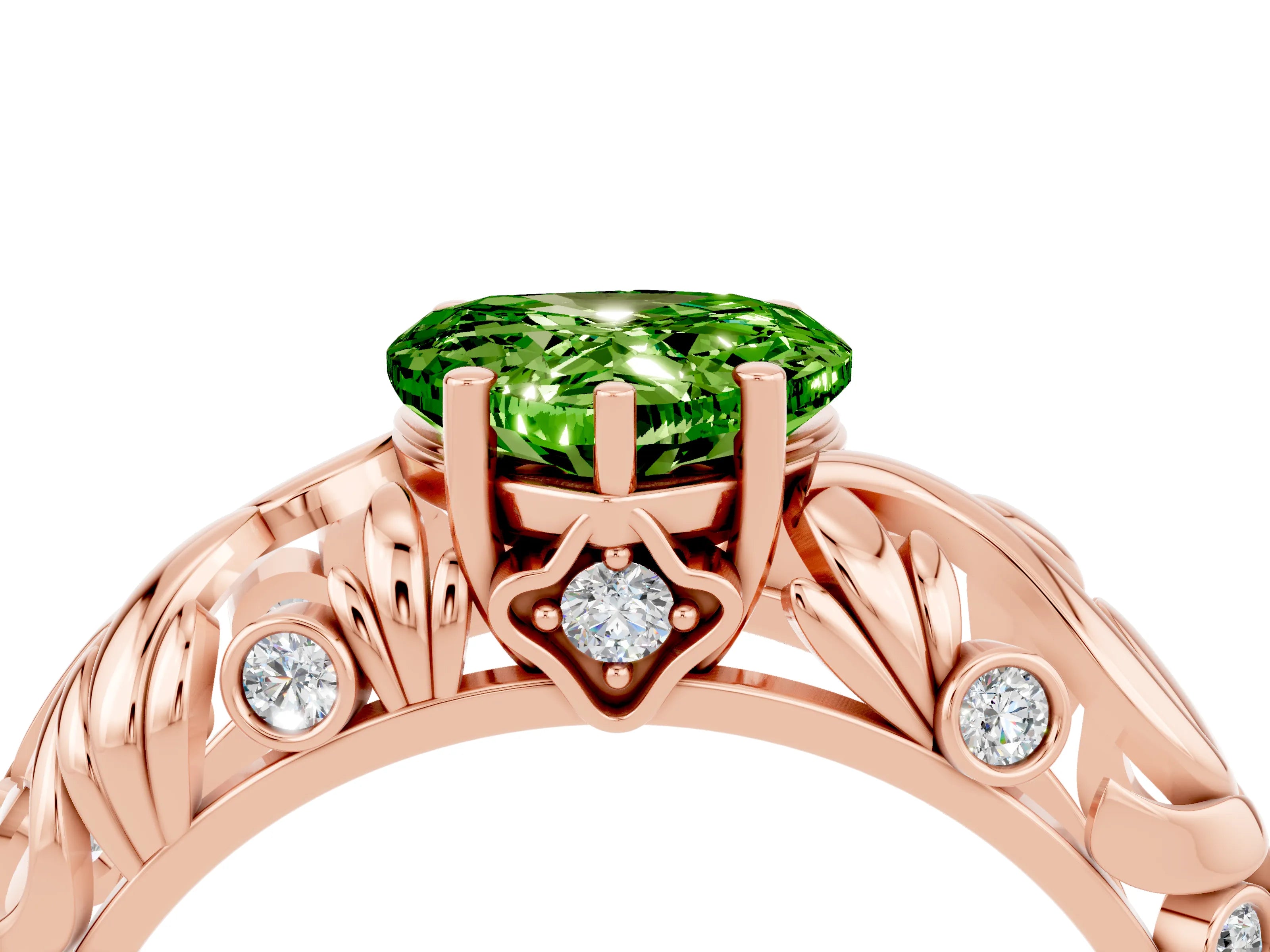 Rose gold Heart Cut Solitaire Peridot Leaf-Inspired Vine Band Ring with Prong Setting_4
