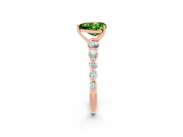 Rose gold Heart Cut Solitaire Peridot Ring with Pave Band and Four-Prong Setting