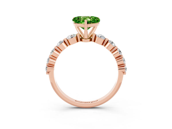 Rose gold Heart Cut Solitaire Peridot Ring with Pave Band and Four-Prong Setting