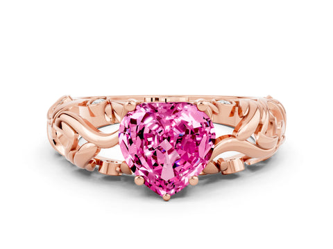 Rose gold Heart Cut Solitaire Pink Sapphire Leaf-Inspired Vine Band Ring with Prong Setting_24