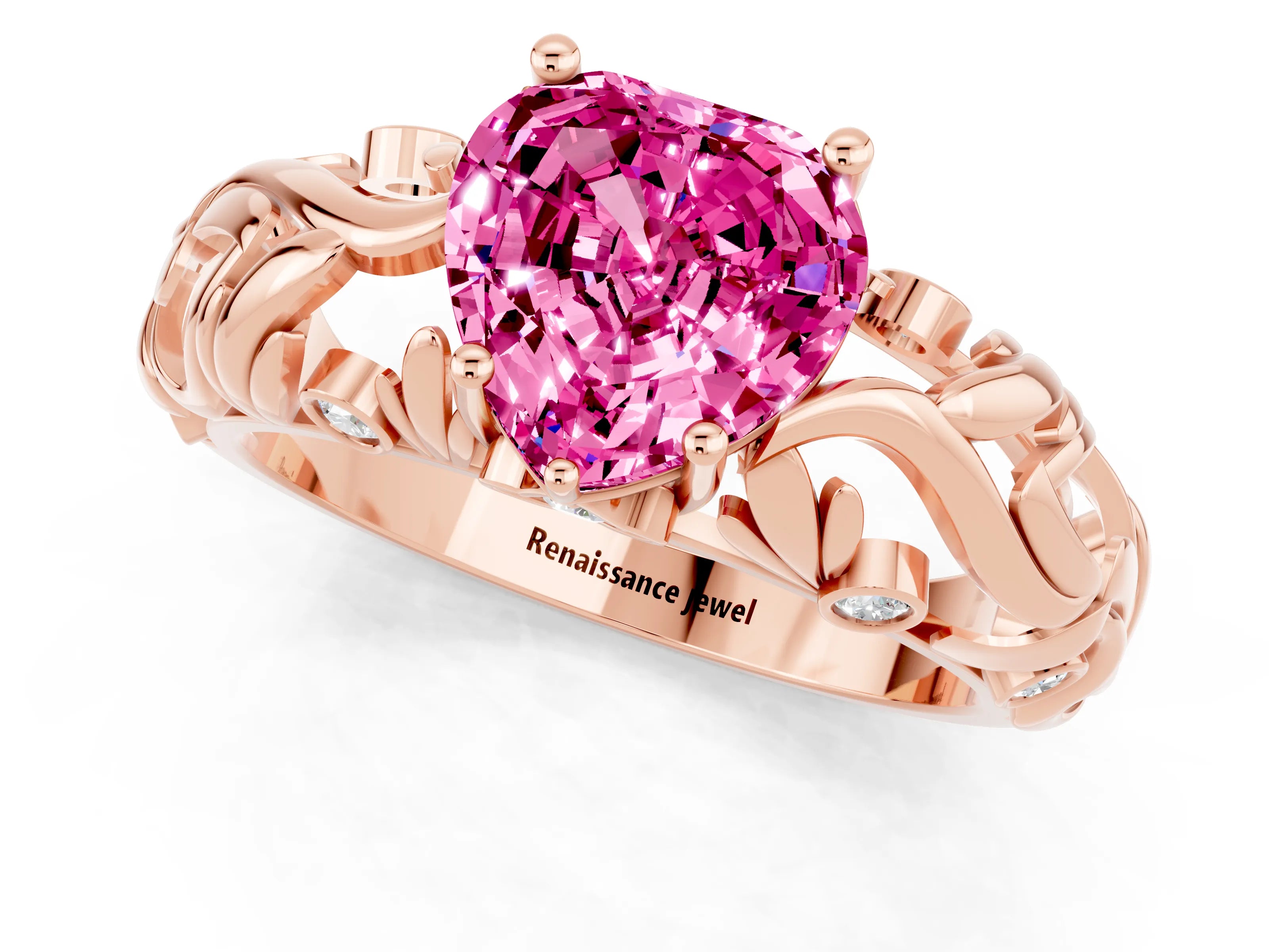 Rose gold Heart Cut Solitaire Pink Sapphire Leaf-Inspired Vine Band Ring with Prong Setting_25