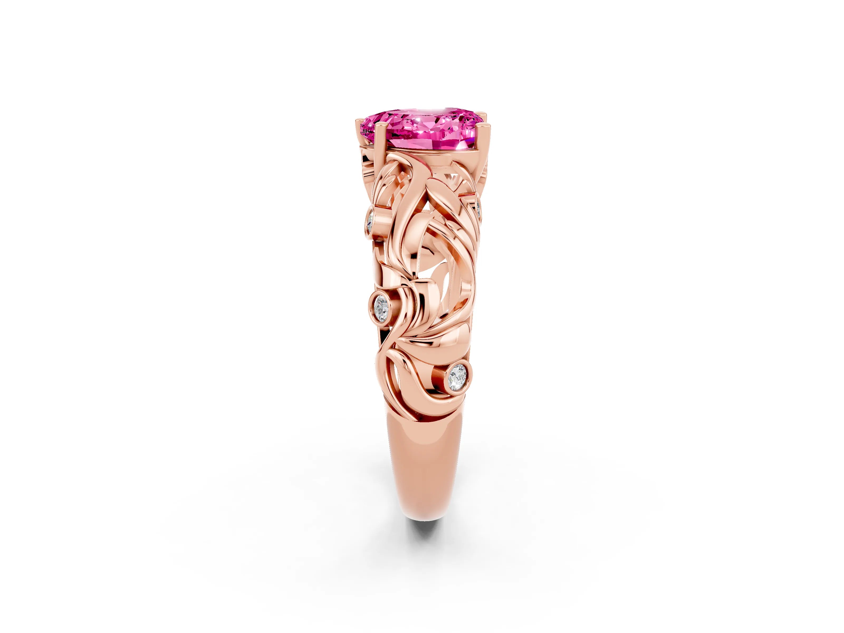 Rose gold Heart Cut Solitaire Pink Sapphire Leaf-Inspired Vine Band Ring with Prong Setting_26